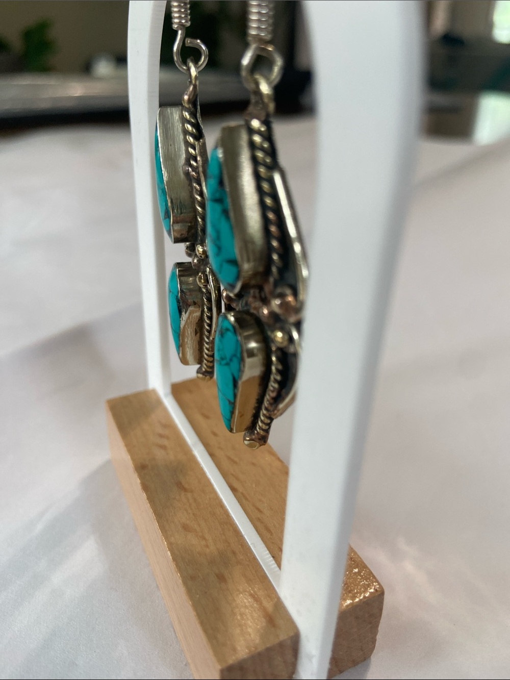 Tibetan Turquoise Teardrop Earrings in 925 Sterling Silver. - Picture 10 of 15